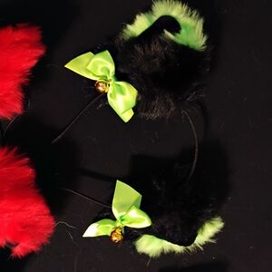 Kids Furry Cat Ear Headband with Bow - Black and Green